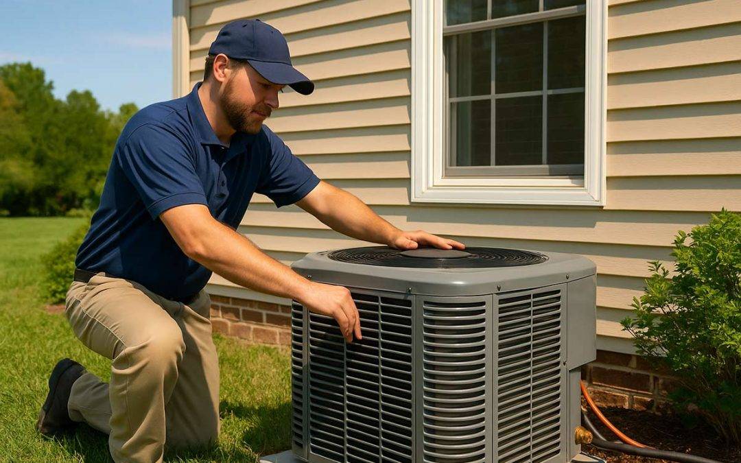 HVAC technician installing a high-efficiency heat pump outside a Virginia home on a sunny day.